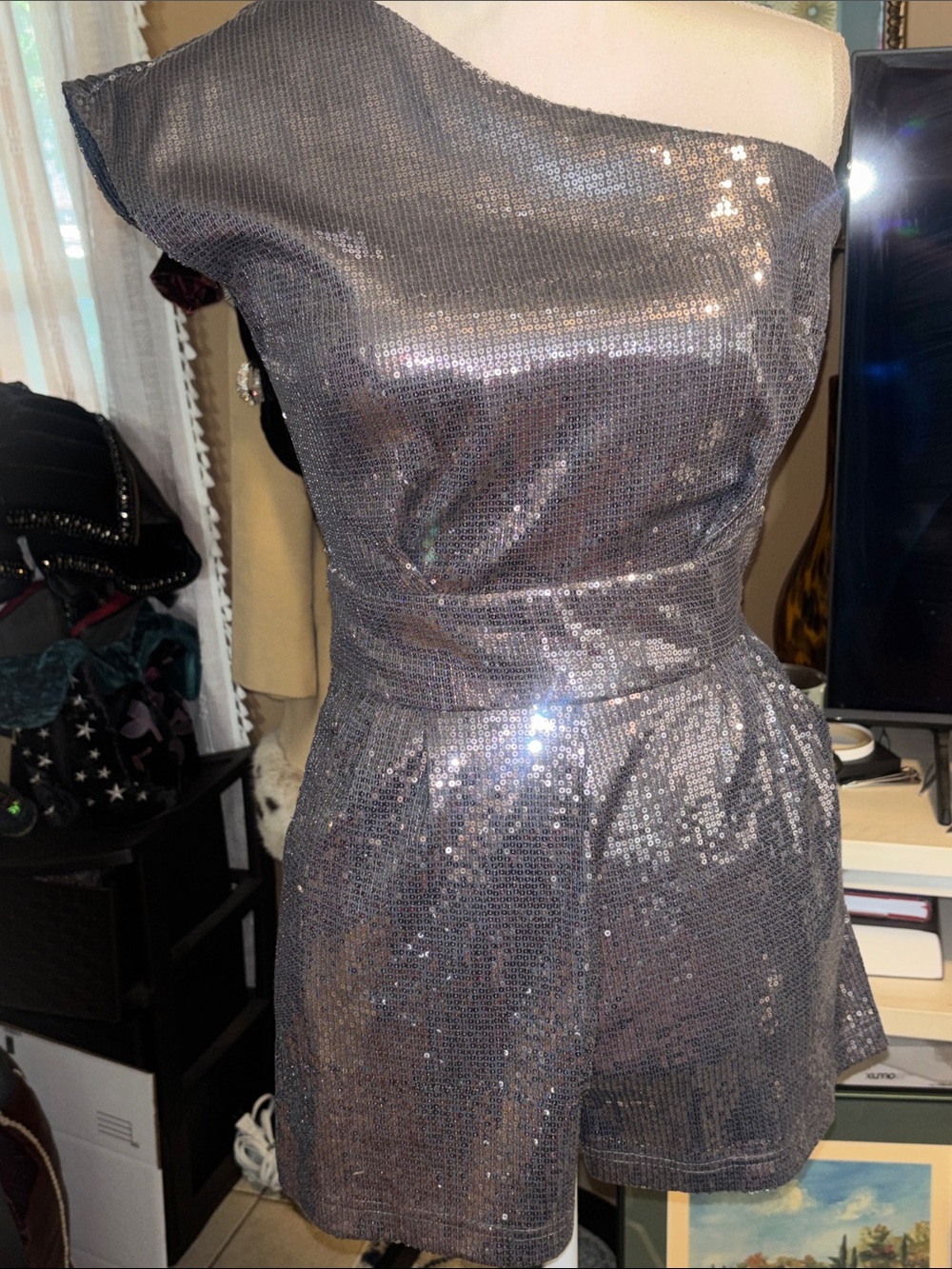 Topshop One-Shoulder Silver Sequin Dress